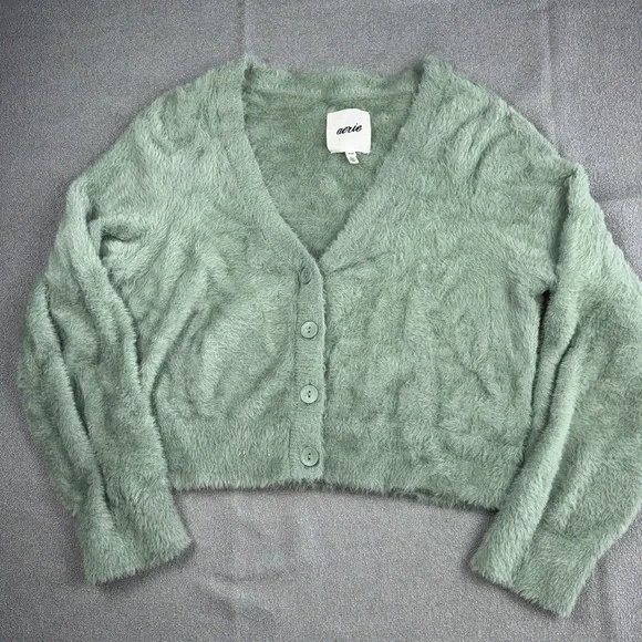 Aerie Sweater Womens Medium Green Fuzzy Cardigan Oversized Cozy Cropped Coquette - Picture 2 of 6